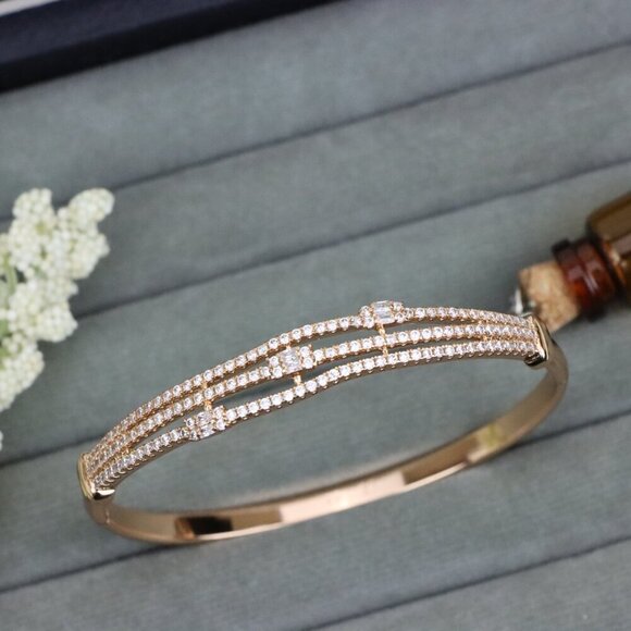 Triple Row Rose Gold Bangle with Sparkling Geometric Accents, XPBL0557 - Picture 1 of 12